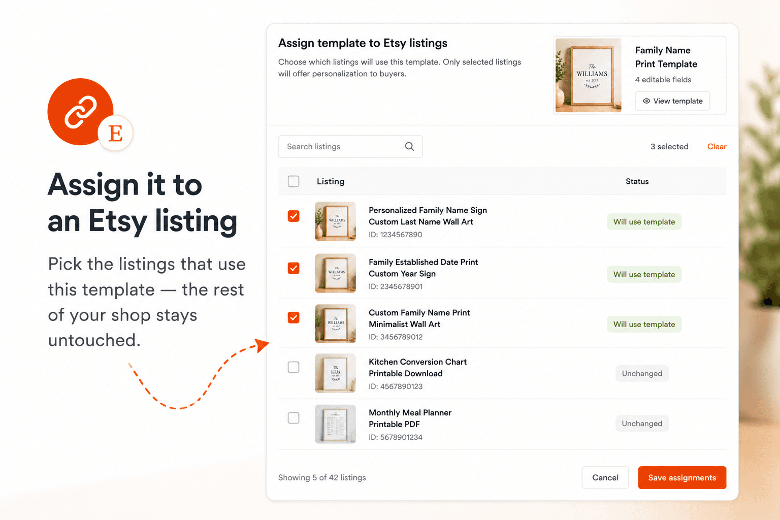 Assegnazione di un template alle inserzioni Etsy selezionate
