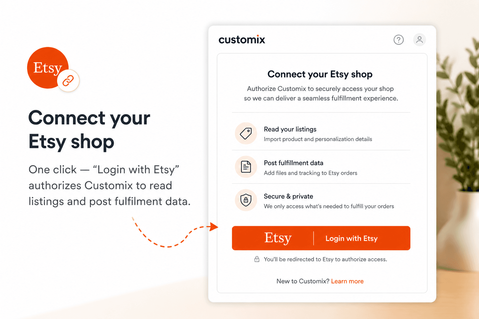 Schermata di autorizzazione "Collega il tuo shop Etsy" con il pulsante Accedi con Etsy