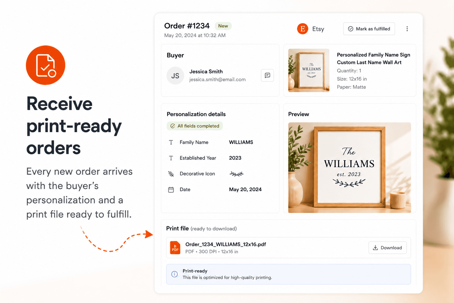 Dashboard degli ordini Etsy con dettagli di personalizzazione e un PDF pronto per la stampa