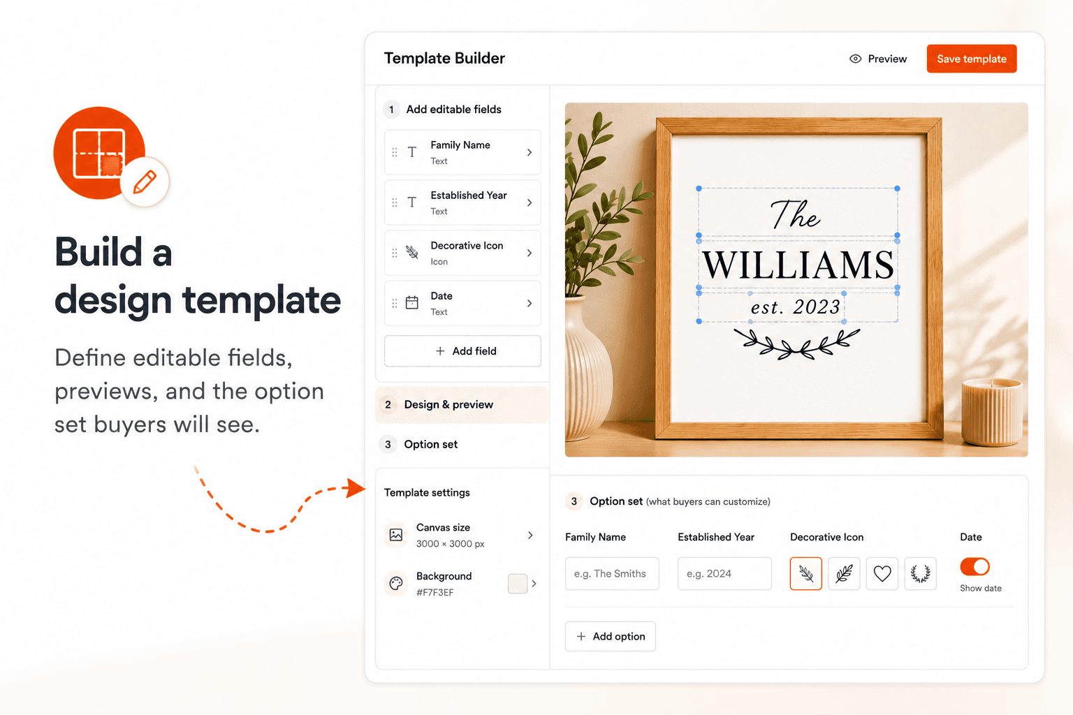 Editor di template con campi modificabili, anteprima e set di opzioni