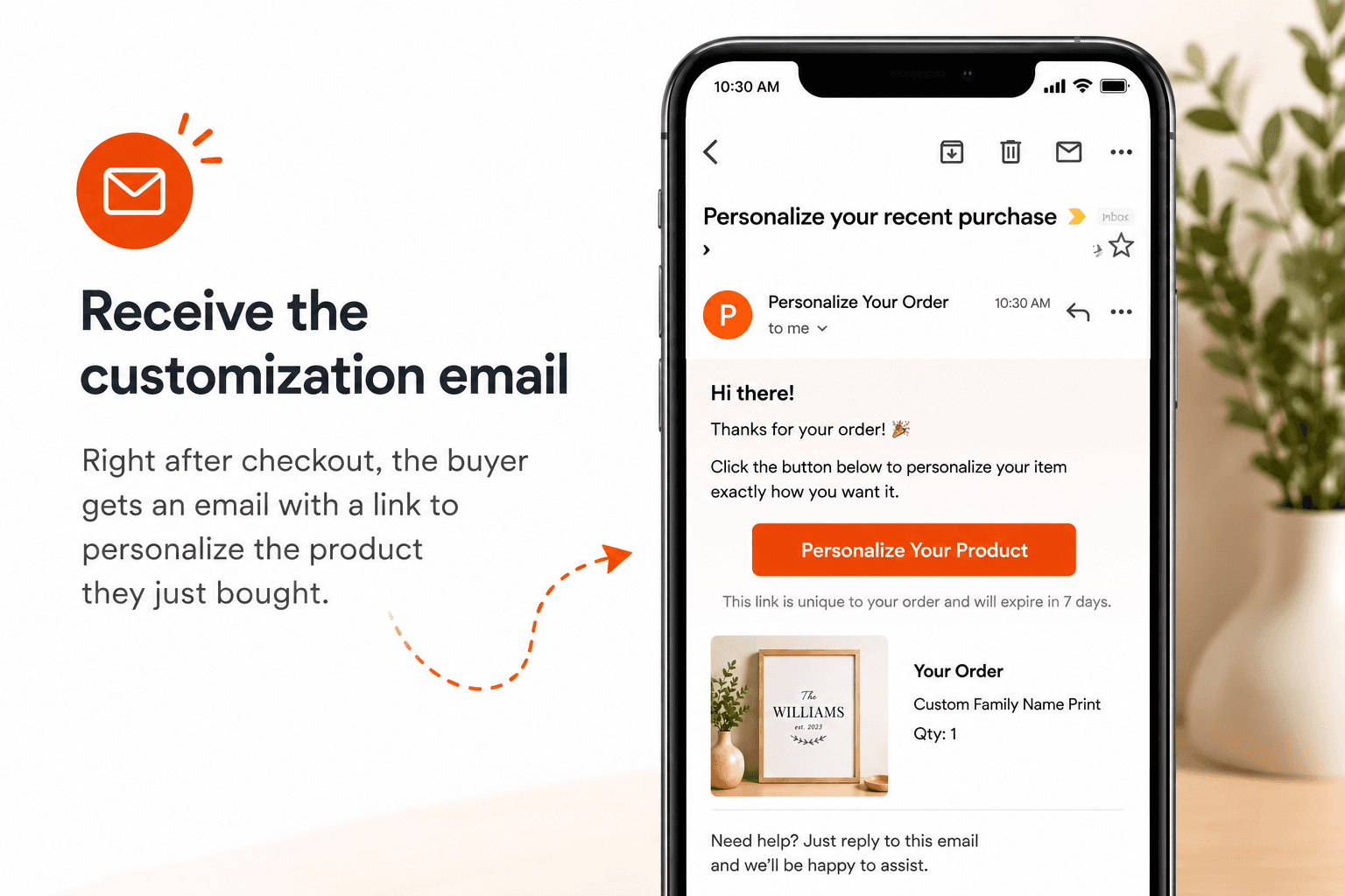 L'acquirente riceve sul telefono un'email "Personalizza il tuo acquisto recente"