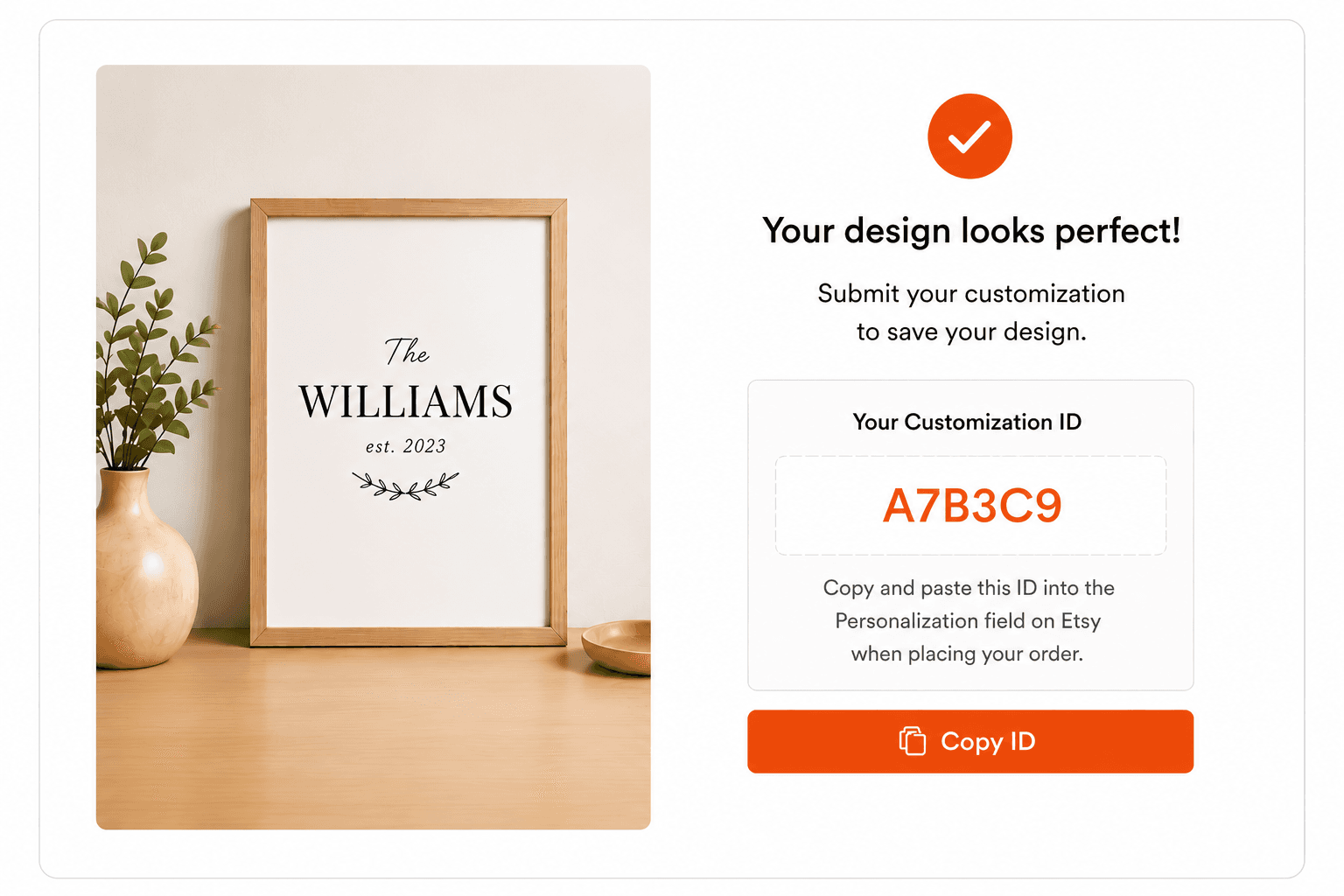 ID di personalizzazione generato e incollato nel campo Personalizzazione di Etsy