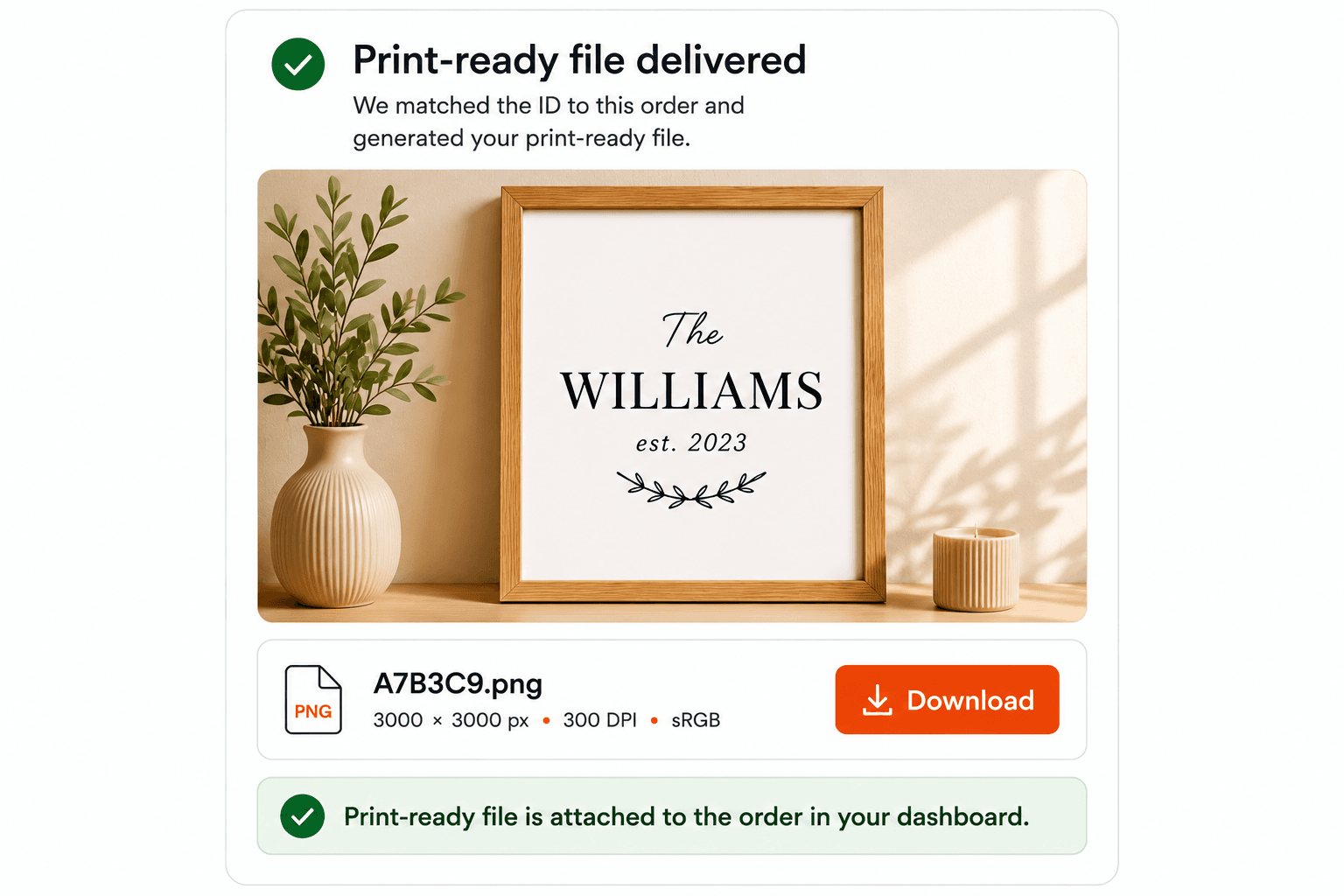 File pronto per la stampa allegato all'ordine nella dashboard del merchant