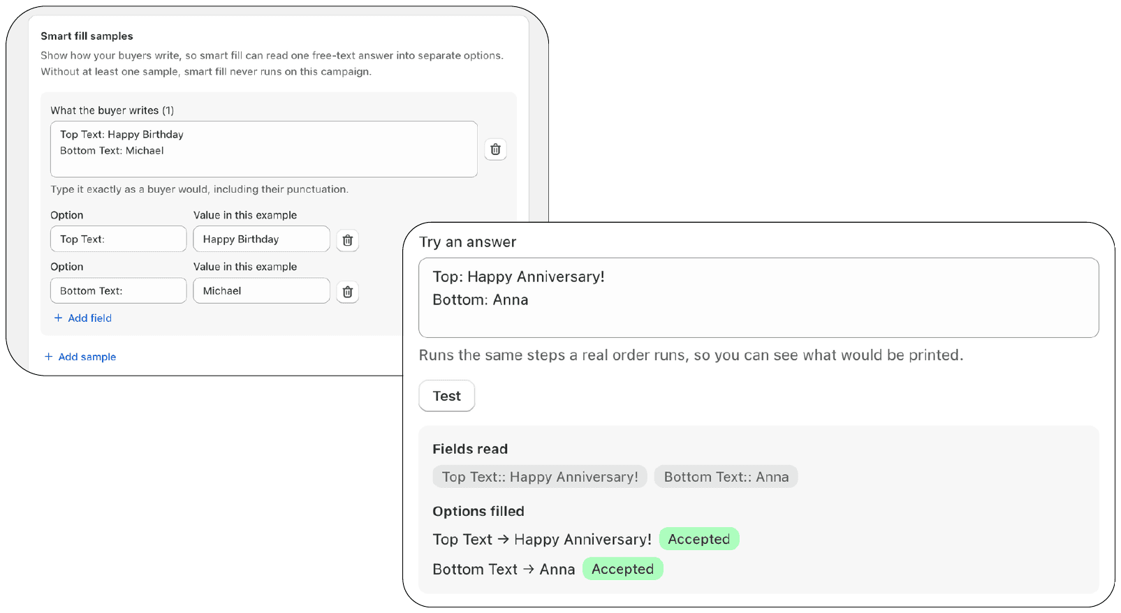 Esempi di Smart-fill e pannello Prova una risposta con i campi letti e le opzioni compilate